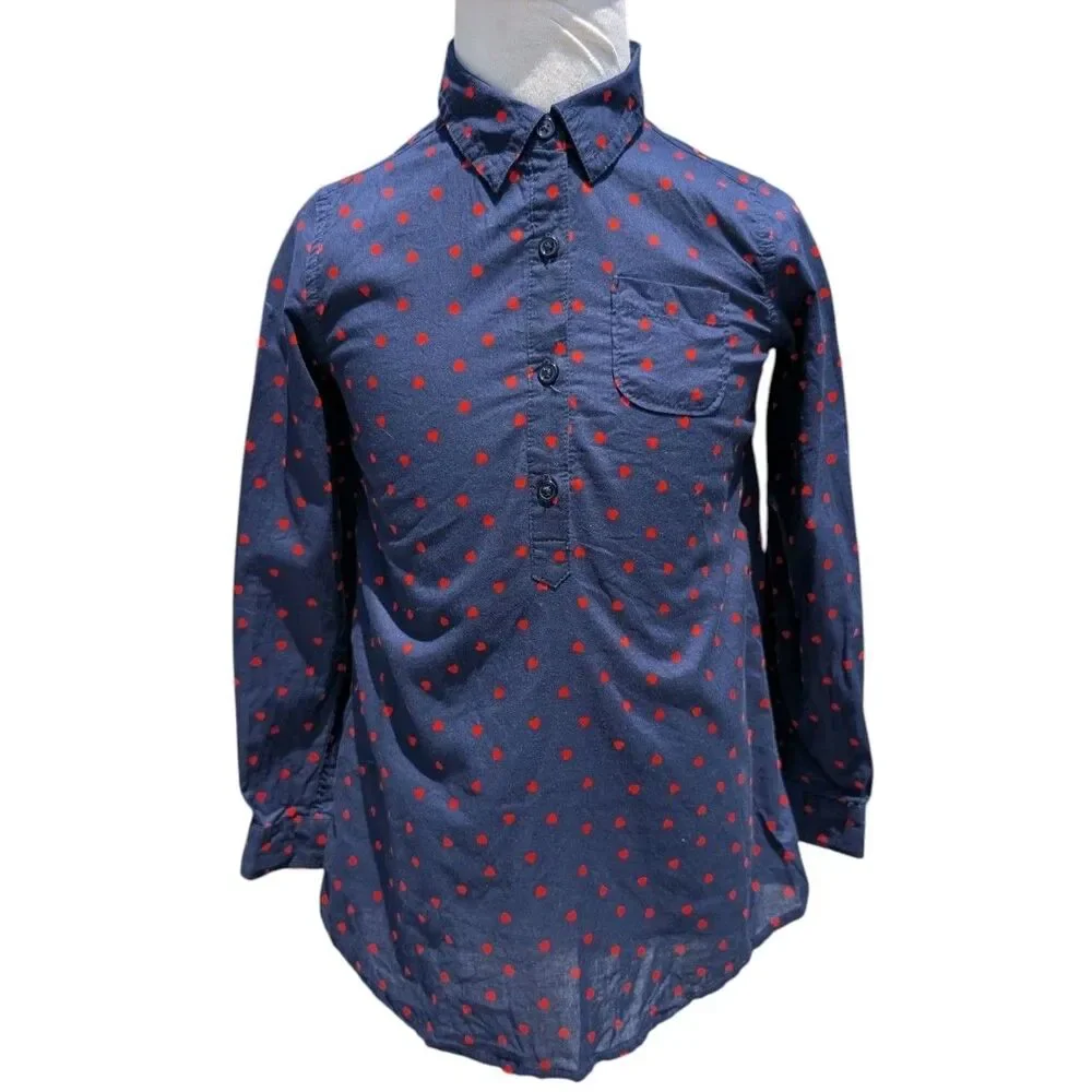 OshKosh Girls 6Yr Top Shirt Front Navy Blue Red Heart Print Cute